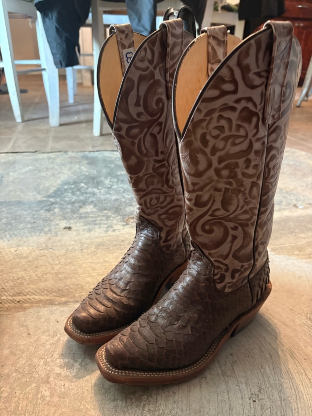 Anderson Bean Brown Embossed Western Ankle Boots with Scaled Vamp